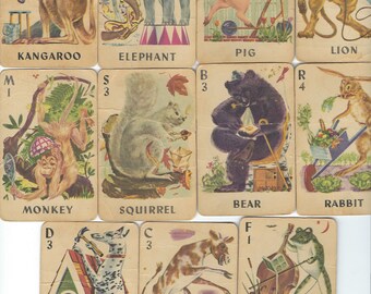 Vintage Children's Playing Cards Whitman ANIMAL RUMMY - 11 cards for crafting assemblage Mixed Media (CD1)