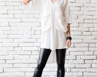 SALE White Plus Size Shirt/Extravagant Asymmetric Tunic/Half Sleeve Oversize Long Top/White Maxi Tunic/Comfortable Work Shirt/Half Sleeve To