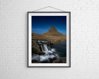 Fine Art Photography Print - Travel, Landscape, Night - Waterfalls at Church Mountain - Kirkjufell, Iceland