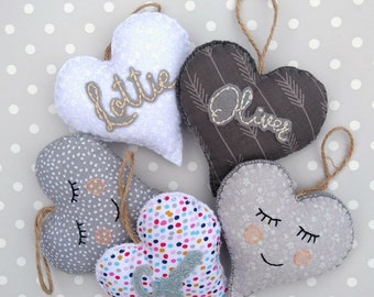 Heart Hanging decoration, Hand Stitched with Felt and Fabric, Home decor, children's decor, personalised decor, nursery decor