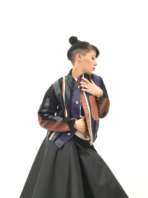 Hand Painted Colored Stripes LOLA DARLING Blue Jacket Leather Effect from Vintage Uniform Garment Unisex