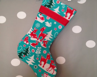 Made to Order - Red Deer on Teal Modern Christmas Stocking with Red Ribbon and Lining