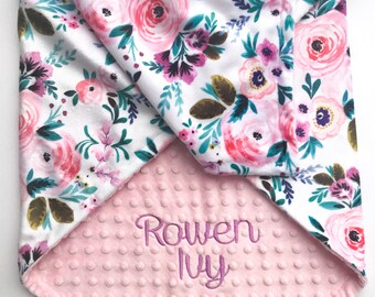 Personalized Baby Blanket - Monogrammed Baby Blanket - Minky Baby Blanket - Baby Blanket with Name - Floral Baby Blanket - Receiving Blanket