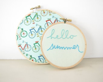 Hello Summer Embroidery Hoop Wall Art Set, sea green aqua mint turquoise beach house seasonal home decor bicycle ride hand lettering