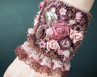 Beaded bridal cuff, pink gypsy cuff, boho beaded cuff, Cuff Bracelets, festival cuff, fiber art cuff, beaded textile cuff, Silk beaded cuff