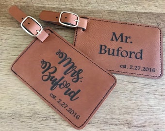 SALE Set of 2 Engraved luggage tags, leather luggage tag, wedding shower gift, leather tag, engraved leather tag, bride and groom gift