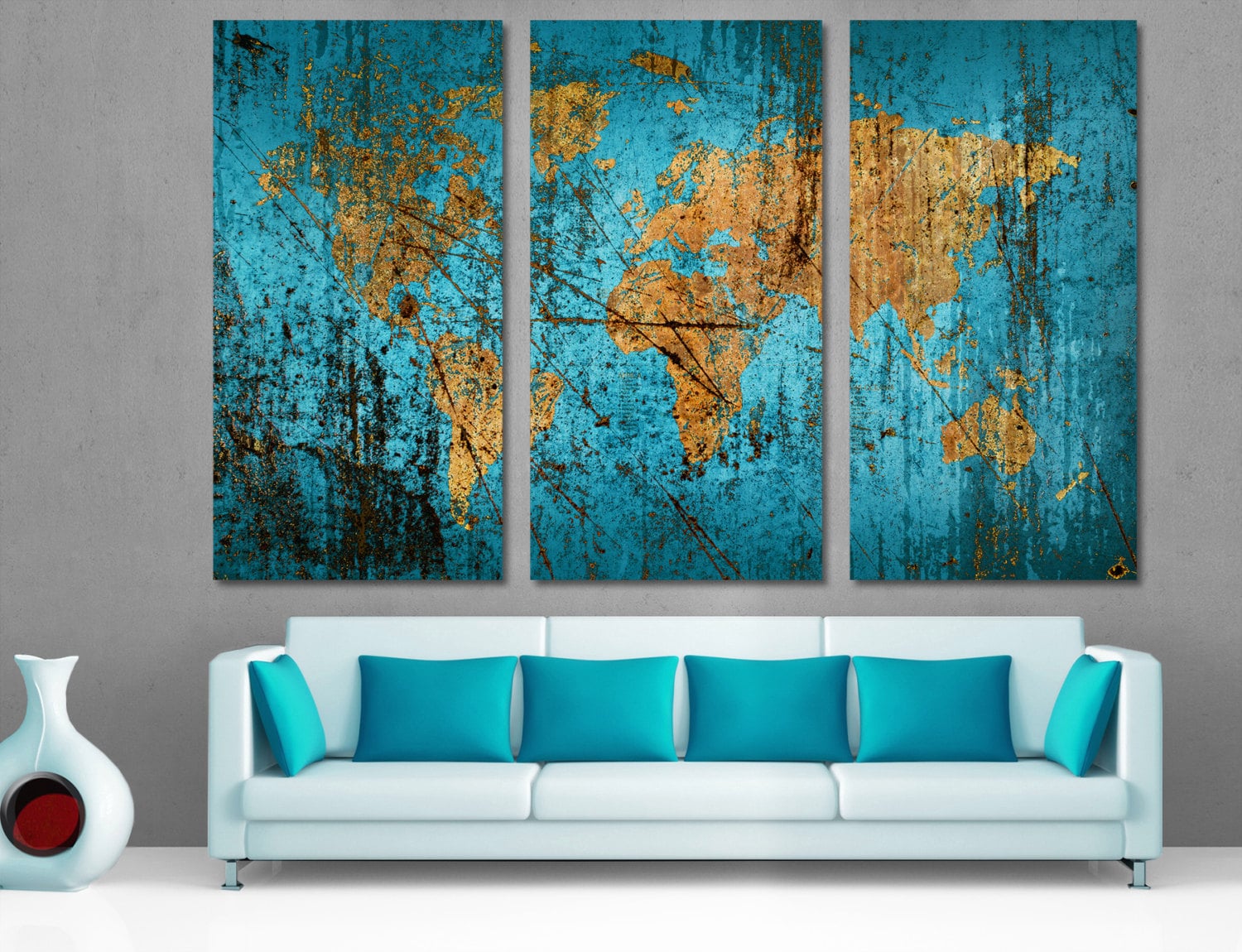 Munsell Blue World Map Canvas Print 3 Panel Split Triptych