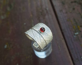 Custom Ring, Silver Wide Band Ring, Silver Sage Leaf Ring, Botanical Ring, Gemstone Ring, Red Stone Ring, Red Garnet Ring, Garnet Stone Ring