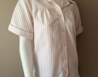 Vintage Women's 60's Blouse, White, Red, Striped, Short Sleeve by Jantzen (M)