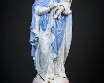 Beautiful Antique Madonna w Child Jesus Bisque Porcelain Statue Virgin Mary 6