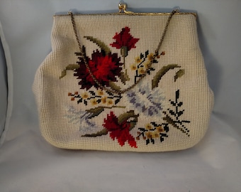 Christine Custom Bag, Detroit, Needlepoint Handbag, Colorful Floral Pattern, Gold Tone Frame