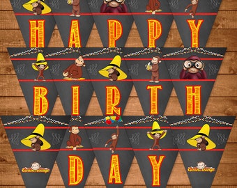 Curious George Birthday Banner Chalkboard Theme - Curious George Happy Birthday Banner - Curious George Birthday - Curious George Printables