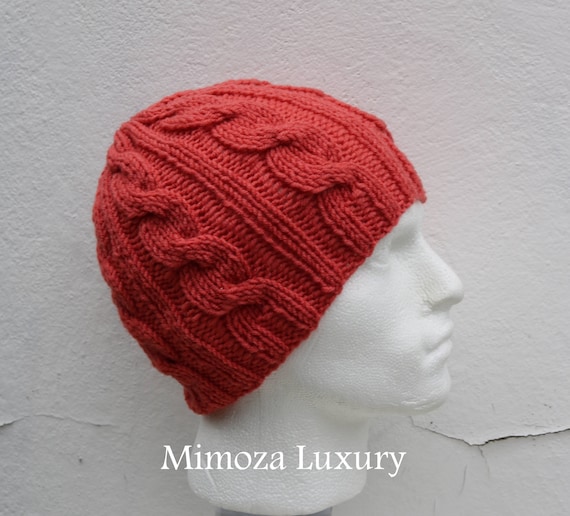 Coral Men's Beanie hat, Hand Knitted Hat in coral beanie hat, knitted cap, knitted men's, women's beanie hat, winter beanie, coral ski hat