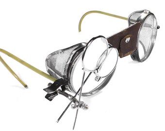 Steampunk Goggles Antique AMERICAN OPTICAL Steam Punk Aviator Glasses Mesh Side Shields 2x Loupes Leather Bridge - Steampunk by edmdesigns