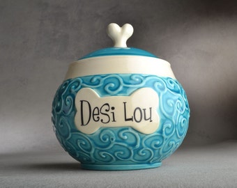 Dog Treat Jar Made To Order Curls Blue Pet Treat Jar by Symmetrical Pottery