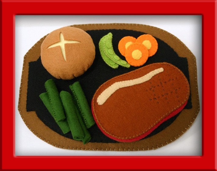 Wool Felt Play Food Steak and Dinner Roll