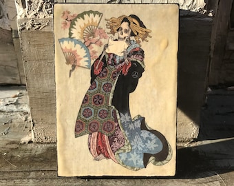 Lover’s Letter - Skeleton Geisha Art, Encaustic Print on Wood