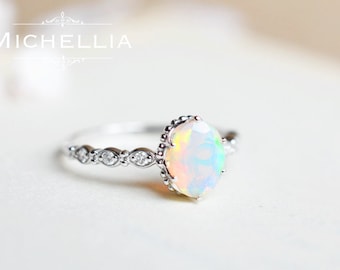 Vintage Inspired Oval Ring in Opal, Ethiopian Fire Opal Oval Engagement Ring, Available in 14K Gold, 18K Gold, or Platinum, R5001