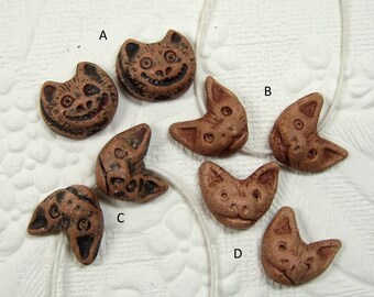A Pair of Handmade Ceramic Cat Head Beads, Each Hand Finished with Terra Sigillata & Guilders Paste, Stoneware Clay, Jewelry Components