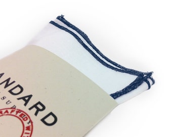 White Pocket Square serged with Navy Blue trim.