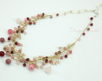 Rose quartz,carnelian,crystal hand knotted on silk thread necklace