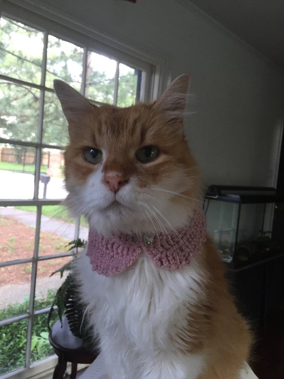 Crochet Collar for Cats and Dogs Pink with Rhinestone Button
