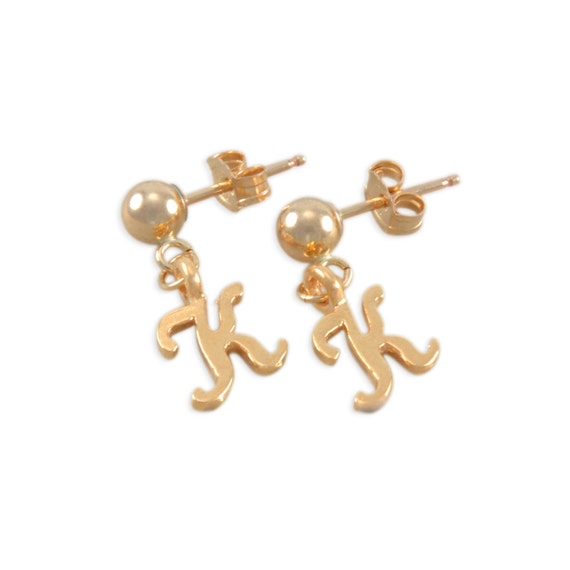 Gold Initial letter Earrings 14K gold posts script cursive