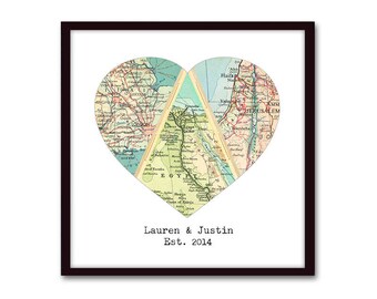 Wedding Gift for Couple, Custom 3 Map Art, Adventure Together, Heart Map Gift, Personalized Map Art Print, Long Distance Romantic Gift