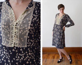 1920s Black Floral Dress - S/M