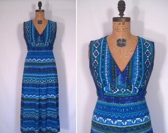 1970s tribal print maxi dress • 70s abstract print gown • vintage hawaiian fit and flare maxi dress