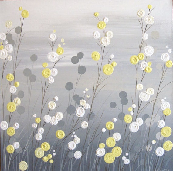 Wall Art Yellow Grey Whimsical Flower Field Textured Acrylic