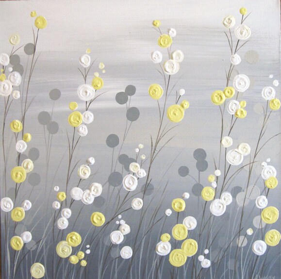Wall Art Yellow Grey Whimsical Flower Field Textured Acrylic