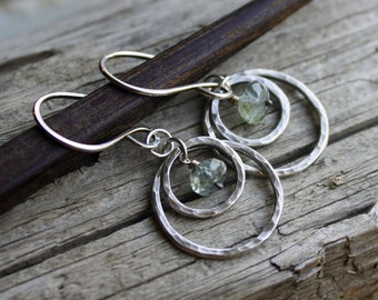 Hammered Silver Concentric Circle Earrings- Moss Aquamarine Earrings, Double Hoops