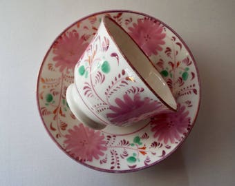 Pink Lustreware Teacup. Victorian Pink Tea Cup and Saucer Hand Painted With Pink Flowers. A Very Rare Antique English Lustreware Teacup
