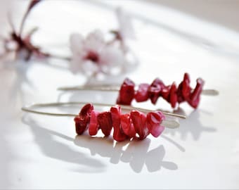 Red Bamboo Coral Earrings, Sterling Silver, bright red natural gemstone threader earrings, hand-forged artisan earrings,holiday gift for her