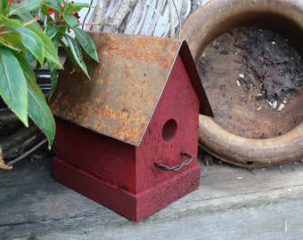 Rustic Birdhouse Outdoor Birdhouse Garden Decor Old Red Farmhouse Cottage Rusty Metal Roof Handmade