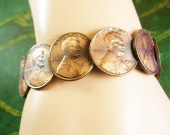 Vintage Penny Bracelet Coins 1964D 1966 1969 1971 1973 1974 plus more Size 7" with a 1/2" Gap Women's Money Jewelry