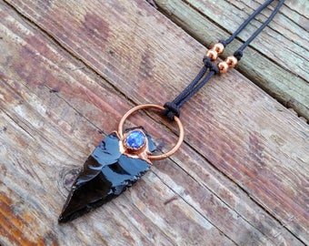 Obsidian Arrowhead Copper Healing Necklace. Obsidian & Lapis Lazuli Electroformed pendant. Unique Crystal Jewelry.
