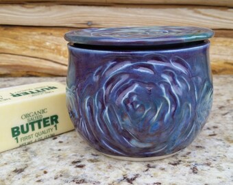 Pottery French Butter Crock, Rose, Purple and Green Butter Dish, Butter Crock, Butter Jar, Butter Keeper, Butter Plate, Made in Montana