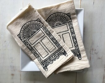 Flour Sack Napkin (Unbleached) - 1 Set (2 Napkins) - Suzdal Russian Window (Black) - Russian - Housewarming Gift - Hand Screen Printed