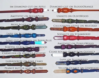 Crochet hook new colors, 7 to 8" , Crystal in end, hand spiral turned colored wood spiral handle shaft. choose size G to J & crystal