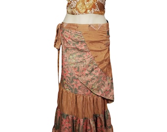 Brown Floral Print Gypsy Maxi Skirt With Halter Crop Top Vintage Recycled Silk Sari Bohemian Long Dress