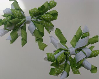 Sale Set of 2, HairBows, Curly Bows, Toddler Pig tails, Hair Bow, Kids pigtails, Korkers Gifts, Baby Shower, Ideas Lime, Summer Clips, Twins