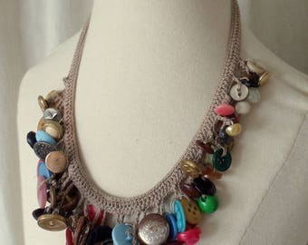 Vintage 70's Chunky Crochet ButtonBib Necklace