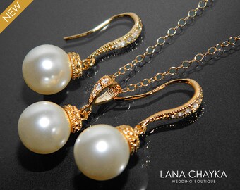 Ivory Pearl Gold Jewelry Set Swarovski 10mm Pearl Earrings&Necklace Set Pearl Drop Jewelry Bridal Set Wedding Jewelry Bridesmaid Pearl Set