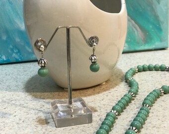Sea green and silver necklace and earring set