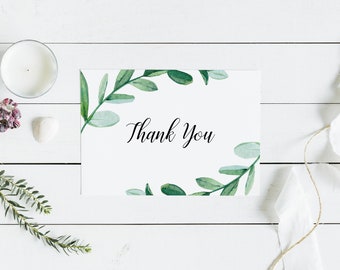 Greenery Thank You Cards Minimalist Simple Wedding Bridal Shower Party Green Leaves Rustic Boho Printable or Printed
