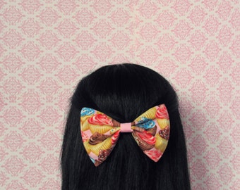 Pink Cupcake Hair Bow - French Barrette, Unique Print Hair Bow, Kitschy Hair Bow, Cupcake Print Dessert Print