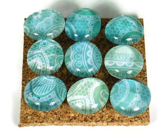 Funky Push Pins Set of 9 Decorative Push Pins Thumb Tacks Cork Board Pins in Teal Paisley (P65)