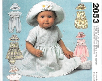 McCall's 2053 Baby Wear Sewing Pattern, Infant's Dress, Rompers In Two Lengths, Panties And Hat, Size S-XL, UNCUT